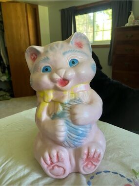 Vintage Pink Ceramic Kitten Bank with Blue Accents
